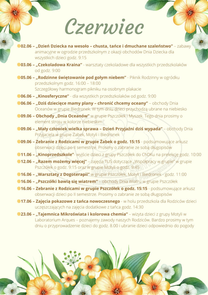 Przedszkole Chodziez - Harmonogram zajęć dodatkowych