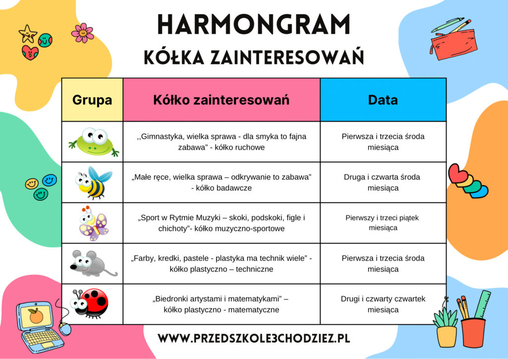Harmonogramy 20252026 (29.7 x 21 cm) - 2 Przedszkole Chodziez - Harmonogram zajęć dodatkowych