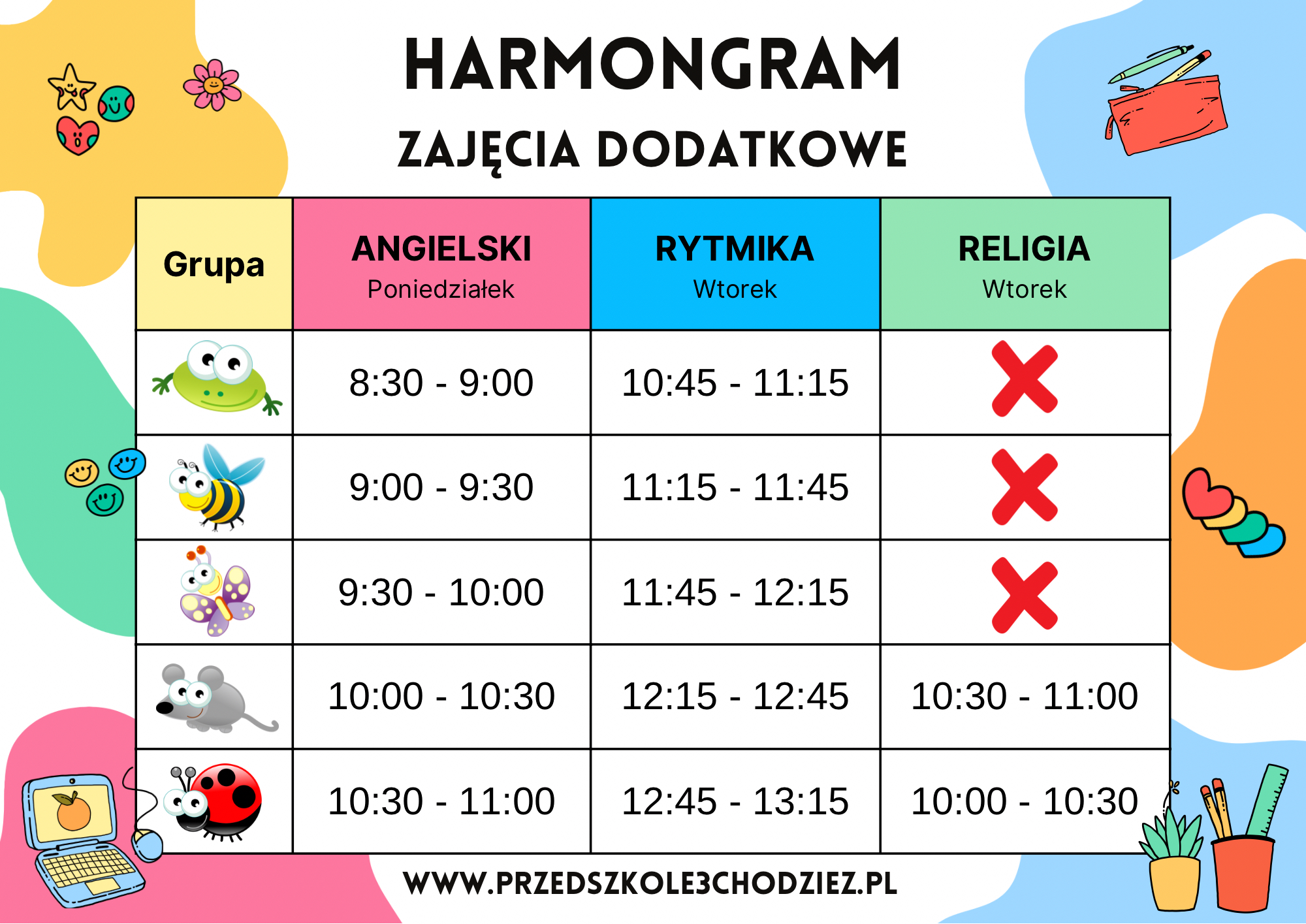 harmonogram zajęc dodatkowych