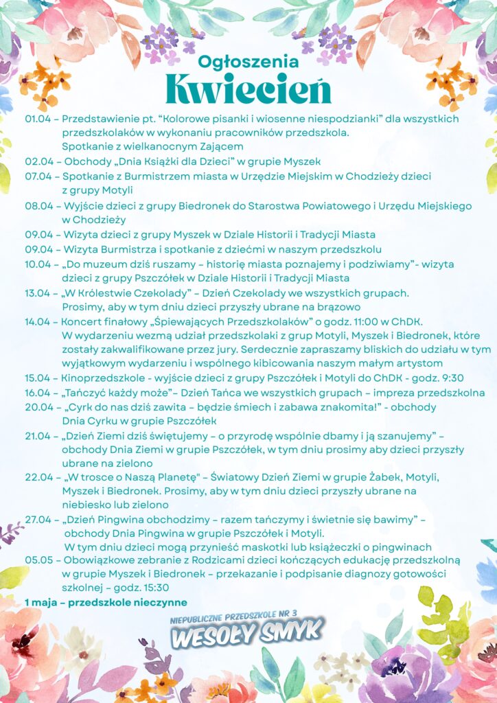 Przedszkole Chodziez - Harmonogram zajęć dodatkowych
