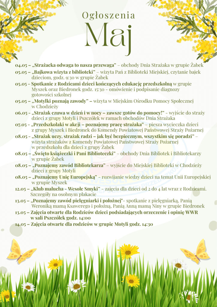 Przedszkole Chodziez - Harmonogram zajęć dodatkowych